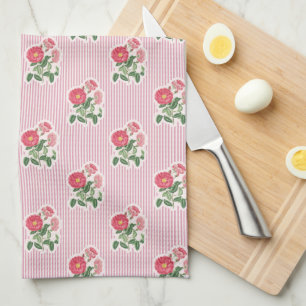 Vintage blommande vilda rosor rosa randig kökshandduk