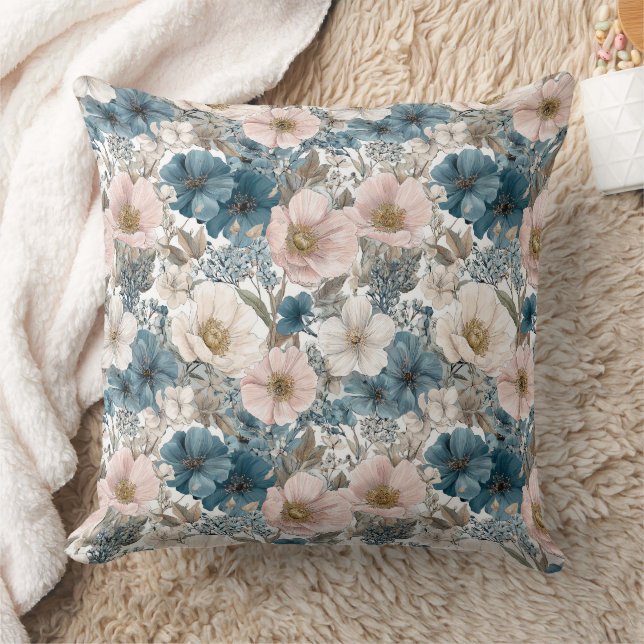 Vintage Blommig Akvarell Blå Rosa Kudde (Filt)