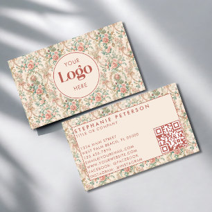 Vintage Blommig Anpassat Företag Logotyp QR-kod Visitkort