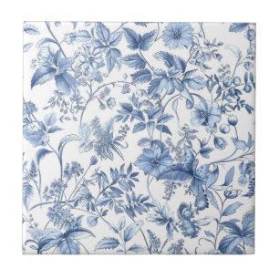 Vintage Blommig Blå Toile Elegant Kakelplatta