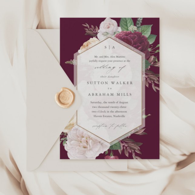 Vintage Blommig Bröllop Inbjudningar (Vintage floral bouquet maroon wedding invitations.)