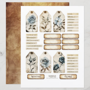Vintage Blommig Dammig Blå Rosor Pappersmaterial S