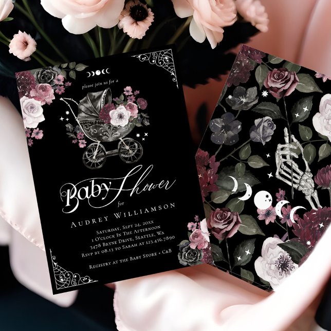 Vintage Blommig Gotisk Barnvagn Spöklik Bebis Bebi Inbjudningar (Vintage Floral Gothic Stroller Spooky Baby Shower Invitation)