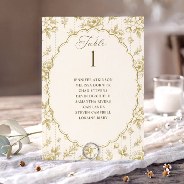 Vintage Blommig Guld & Kräm Bröllopsställningsdiag (Gold and ivory French floral seating chart card with oval scalloped frame.)