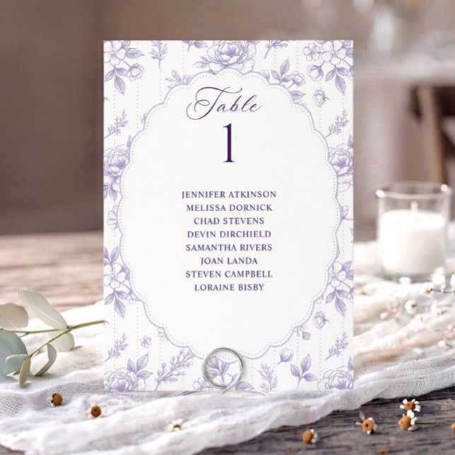 Vintage Blommig Lavendel Bröllopsställningskarta (Lavender light purple French floral seating chart card with oval scalloped frame.)