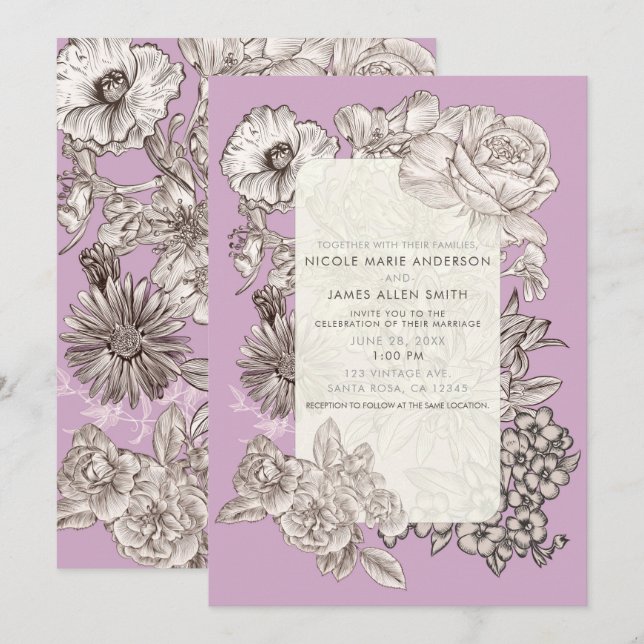 Vintage Blommig Lavendel Lila Modern Bröllop Inbjudningar (Fram/baksida)
