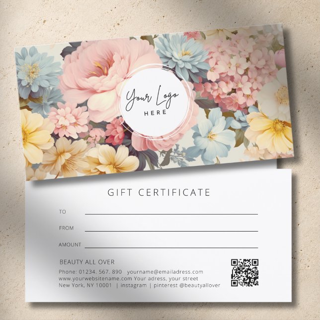 Vintage Blommig Logo QR-kod Presentkort (Vintage Floral Logo QR Code Gift Certificate)