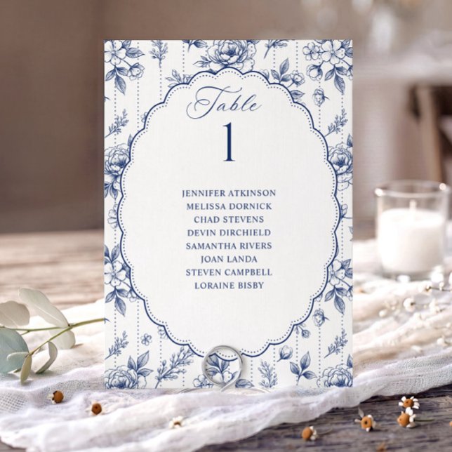 Vintage Blommig Marinblå Bröllopsställningskarta (Navy blue French floral wedding seating chart card with oval scalloped frame.)