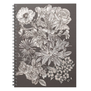 Vintage Blommig Modern Elfenben & Grå Botanisk Anteckningsbok Med Spiral