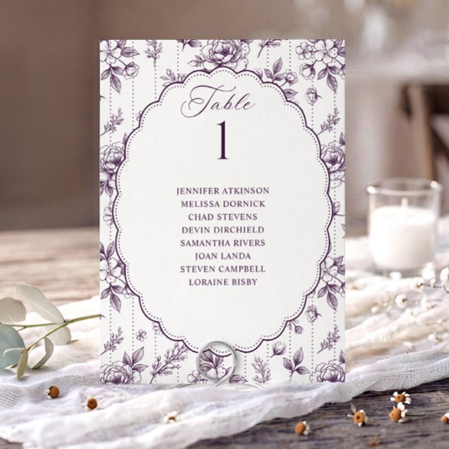 Vintage Blommig Mörk Lila Bröllopsställningsdiagra (Eggplant dark purple French floral seating chart card with oval scalloped frame.)