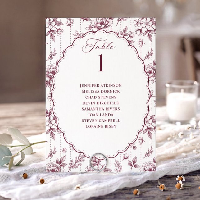 Vintage Blommig Mörkröd Bröllopsställningskarta (Dark wine red French floral seating chart card with oval scalloped frame.)