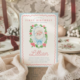 Vintage blommig och Gingham Tomte Födelsedag Inbjudningar