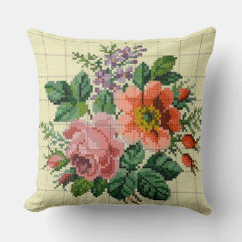 Vintage Blommig Persika & Rosa Blomma Broderi Kudde