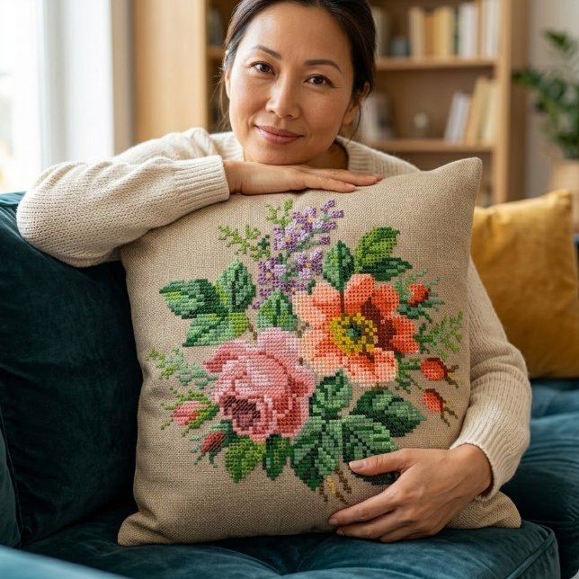 Vintage Blommig Persika & Rosa Blomma Nåldragning Kudde (Skapare uppladdad)