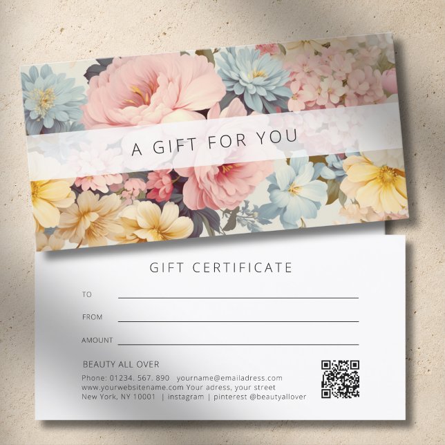 Vintage Blommig QR-kod Företagets presentcertifika (Vintage Floral QR Code Business Gift Certificate)