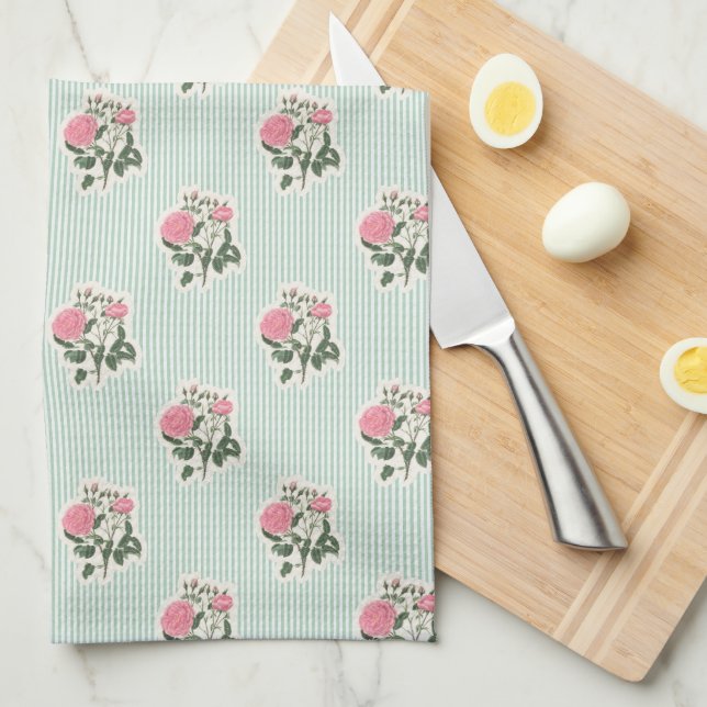Vintage Blommig Rosa Rosor Gröna Randiga Kökshandduk (Vikt i Fjärdedel)