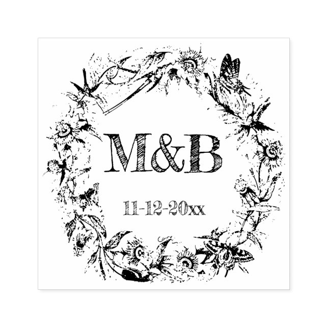 Vintage Blommig Rustik Krans Monogram Bröllop Stämpel (Tryck)