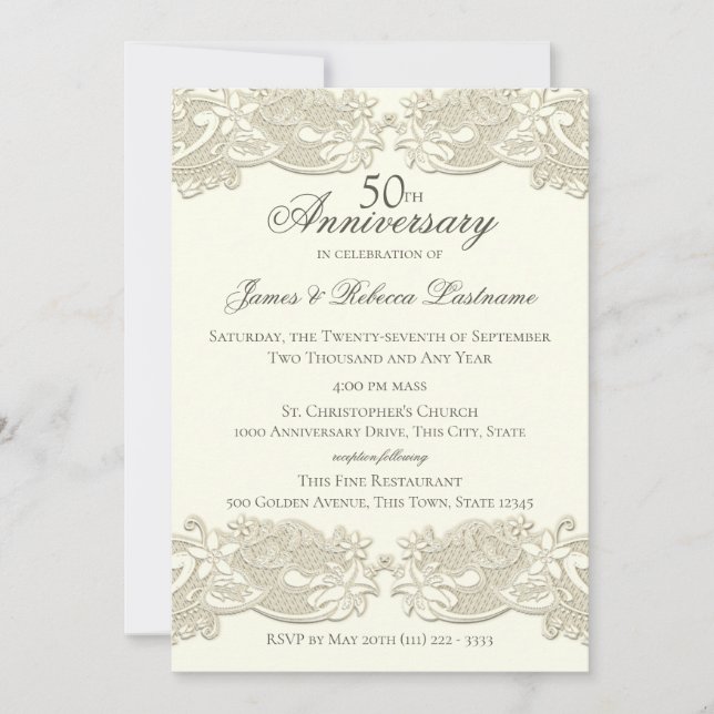 Vintage Blommig Spets 50-årsjubileum Inbjudningar (Framsida)