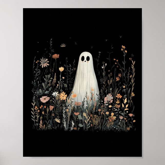 Vintage Blommig Spökhalloween Spöke I Skogen Poster (Framsidan)