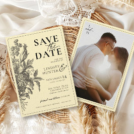 Vintage Blommig Svart & Smörgul Foto Bröllop Spara Datumet