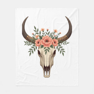 Vintage Blommig Tjur Skalle Boho Western Botanisk Fleecefilt