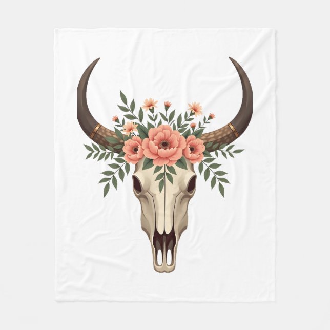 Vintage Blommig Tjur Skalle Boho Western Botanisk  Fleecefilt (Framsidan)