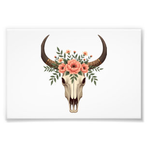 Vintage Blommig Tjur Skalle Boho Western Botanisk Fototryck