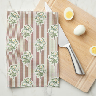 Vintage blommig vita rosor bruna randiga kökshandduk