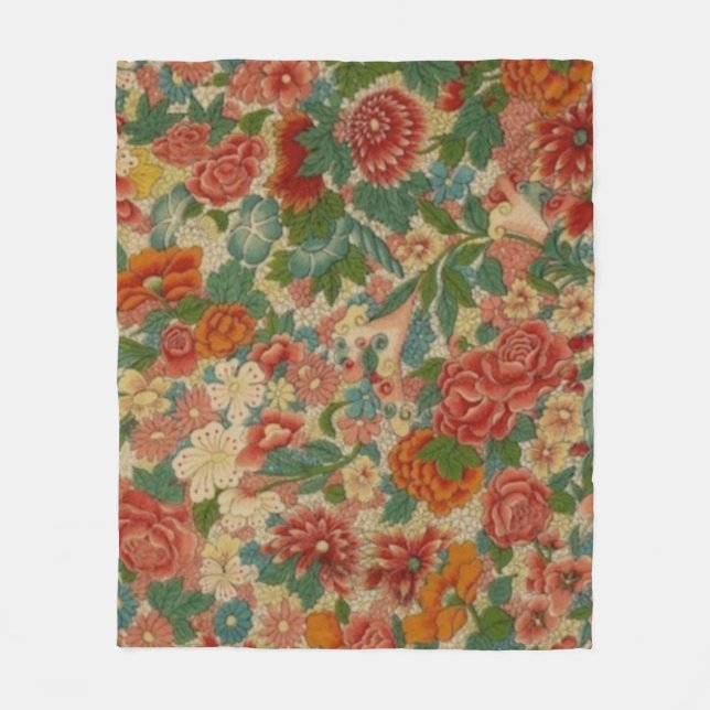 Vintage Blommigt Antique in Red, Grönt & Guld Fleecefilt (Framsidan)