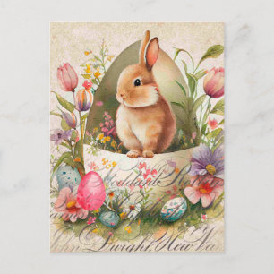 Vintage Blommigt Antique Påsk Rabbit Vykort
