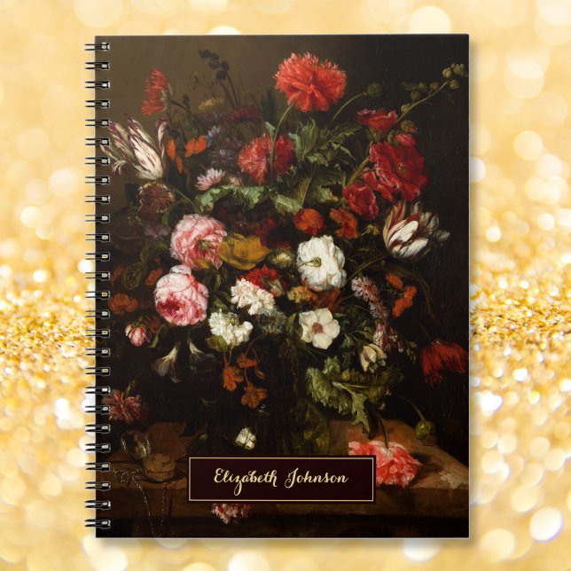 Vintage Blommigt Art Anpassat namn Guld Monogramma Anteckningsbok (Vintage Floral Art Custom Name Gold Monogrammed Notebook)