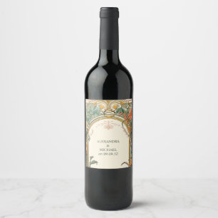 Vintage Blommigt Art nouveau Bröllop Vinflaska Etikett