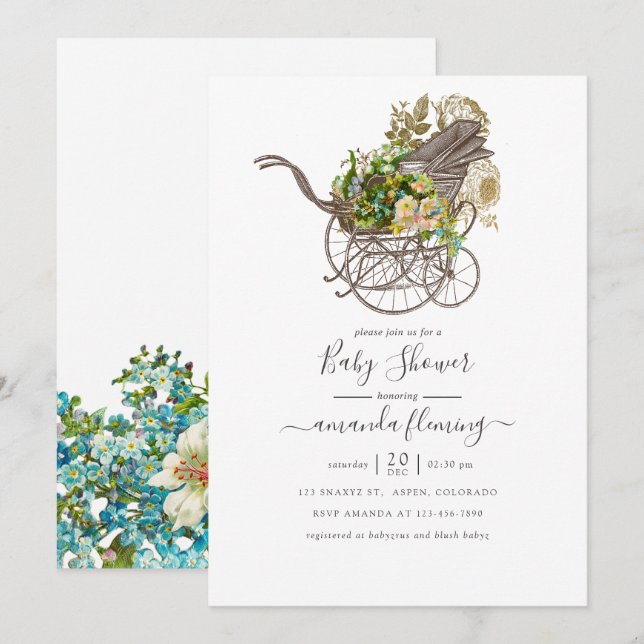 Vintage Blommigt Baby Carriage Baby Shower Inbjudningar (Fram/baksida)