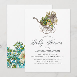 Vintage Blommigt Baby Carriage Baby Shower Inbjudningar