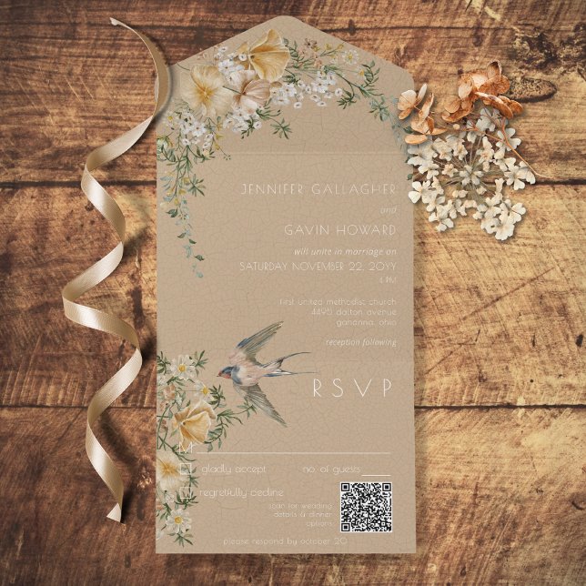 Vintage Blommigt Bird Tan QR-kod (Also available without a QR code; with or without dinner selection options.)