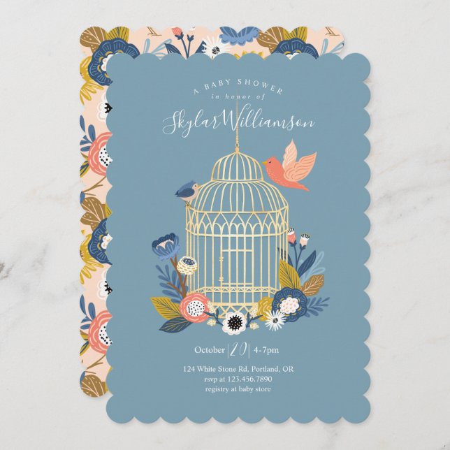 Vintage Blommigt Birdcage Mamma & Baby Bird Shower Inbjudningar (Fram/baksida)