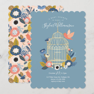 Vintage Blommigt Birdcage Mamma & Baby Bird Shower Inbjudningar