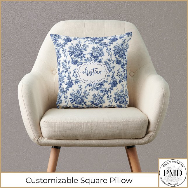 Vintage Blommigt blå vit Personlig Kudde (Vintage Floral Navy Blue and White Toile Personalized Square Throw Pillow, add her Name or Initials.)