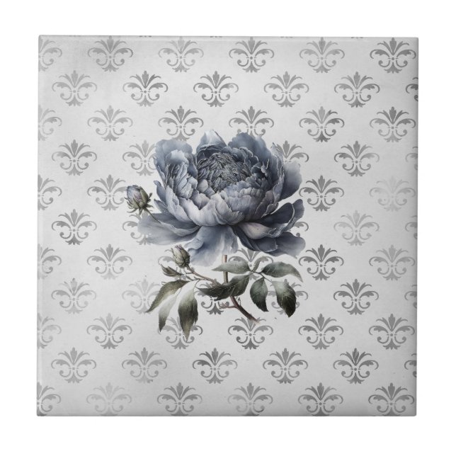 Vintage blommigt Blåchioiserie-toile monogram Kakelplatta (Framsidan)