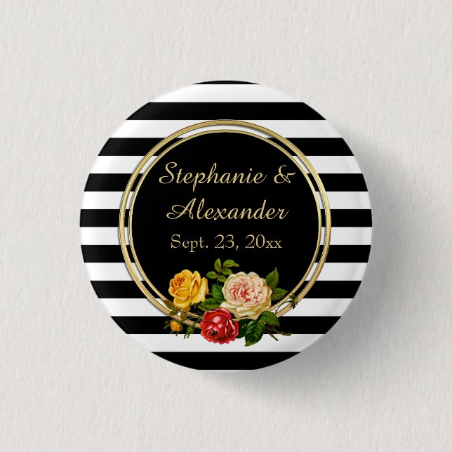 Vintage Blommigt Black and White Rand Personlig Knapp (Framsida)