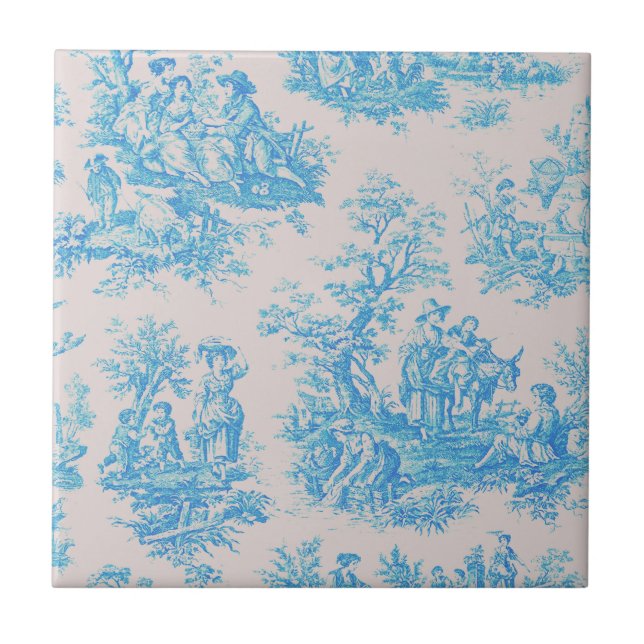 Vintage blommigt blåturkos toile jouy monogram kakelplatta (Framsidan)