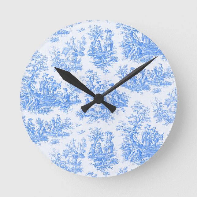 Vintage blommigt blåturkos toile jouy rund klocka (Framsida)