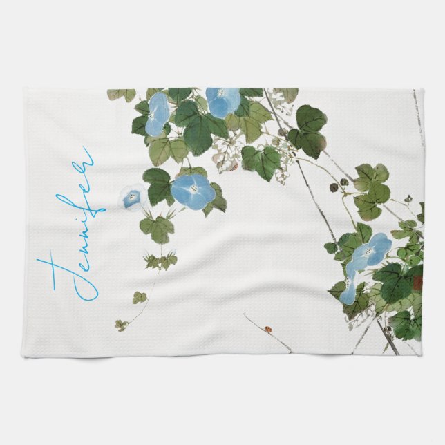 Vintage Blommigt Blue Grönt Pastel Färg Namn Kökshandduk (Horisontell)