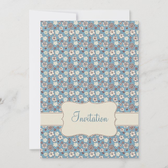 Vintage Blommigt Blue Mönster Birthday Inbjudan (Framsida)