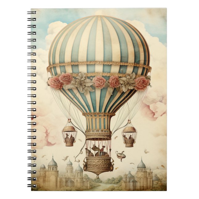 Vintage Blommigt Blue Rand Luftballong Anteckningsbok (Framsidan)