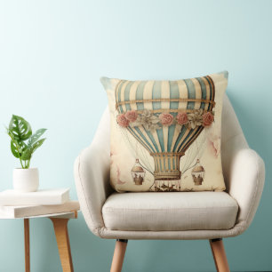 Vintage Blommigt Blue Rand Luftballong Kudde