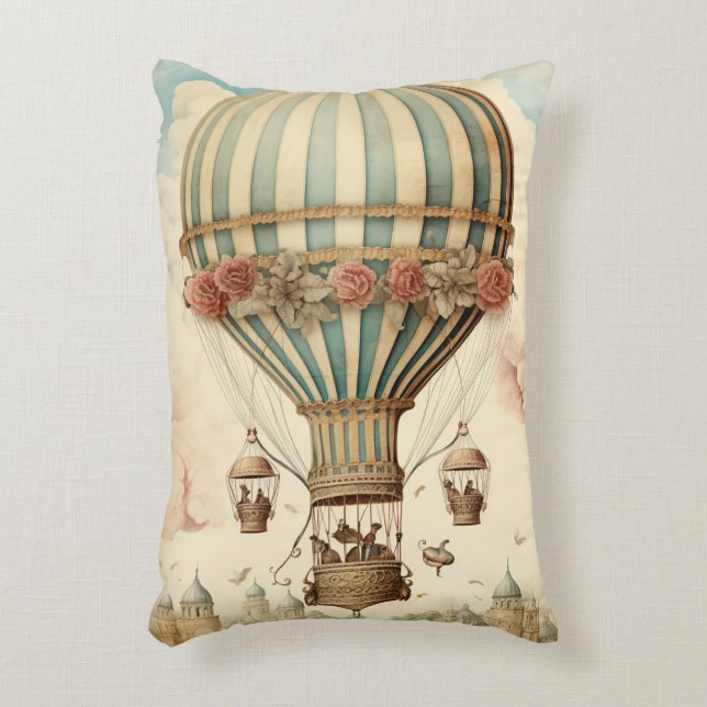 Vintage Blommigt Blue Rand Luftballong Prydnadskudde (Framsidan(Vertikal))