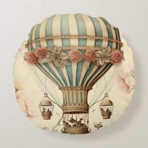 Vintage Blommigt Blue Rand Luftballong Rund Kudde