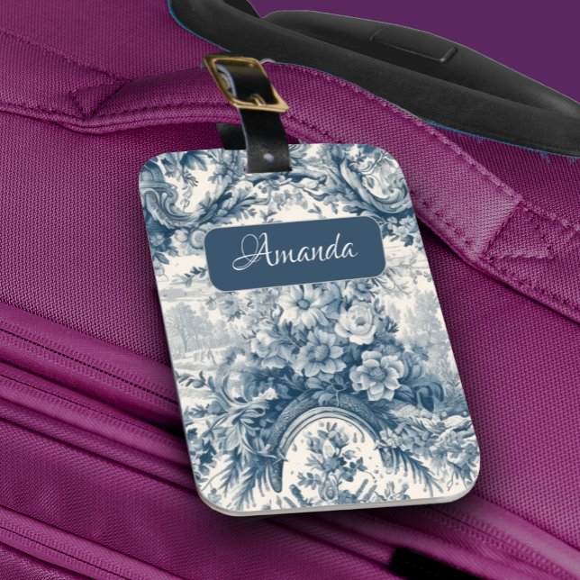 Vintage blommigt Blue toile de jouy monogram Bagagebricka (Skapare uppladdad)