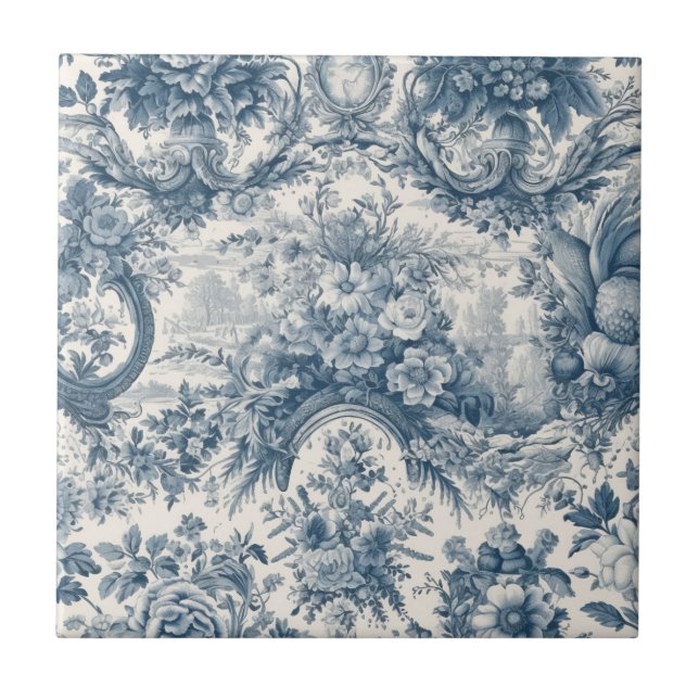 Vintage blommigt Blue toile de jouy monogram Kakelplatta (Framsidan)